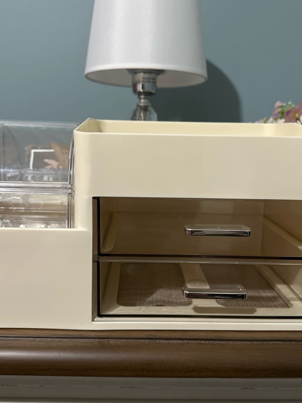 Cream Makeup and Jewelry Organizer with Smoky Drawer Fronts